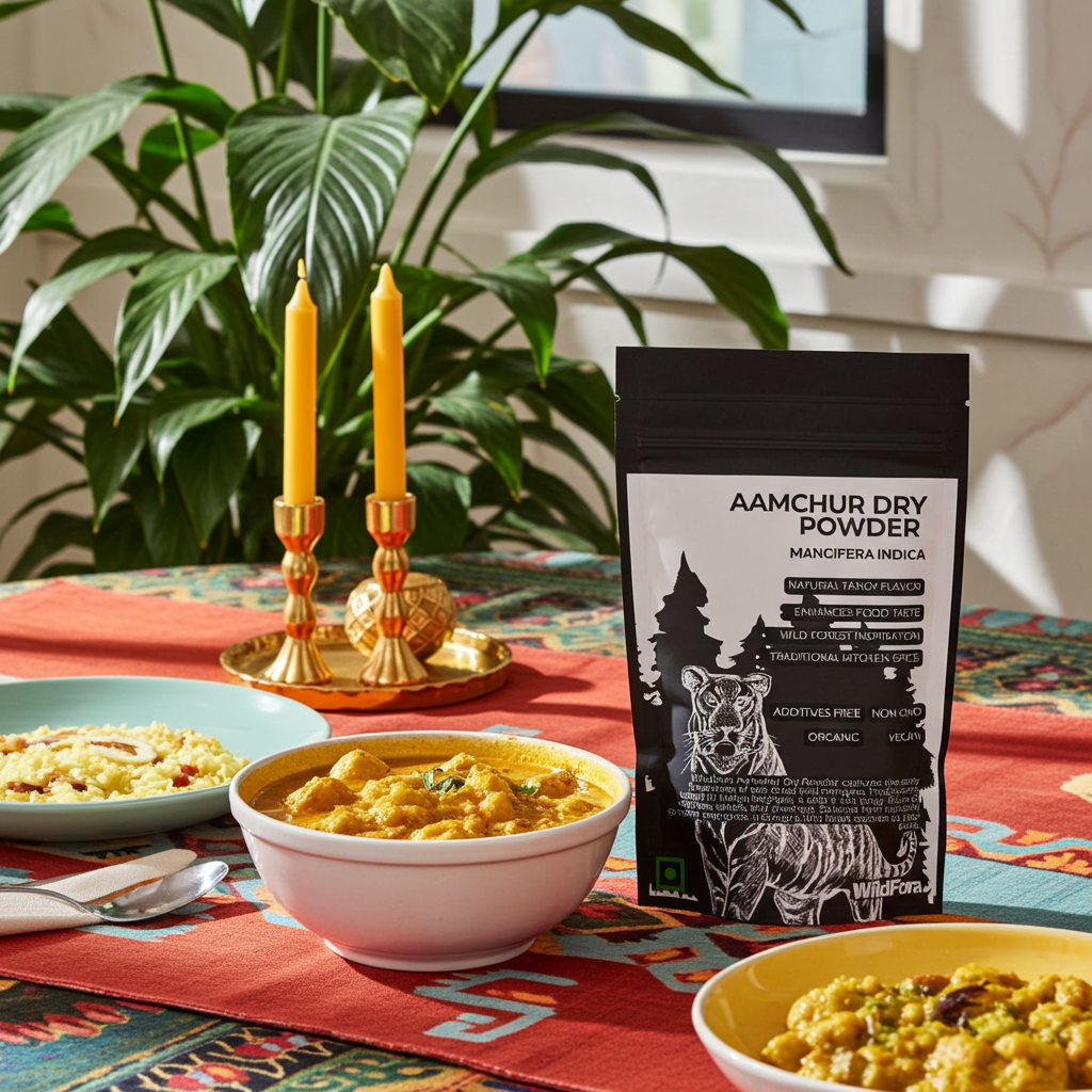 Dry mango powder kept on dinning table to be added in food 